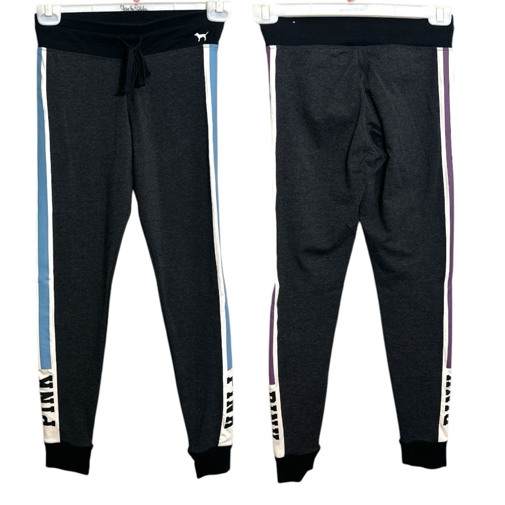 PINK Victoria's Secret Gray and Blue Leggings with Sporty Stripes